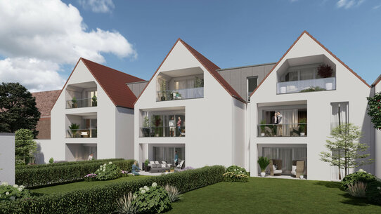 Gartenansicht der 3D-Visualisierung des geplanten Mehrfamilienhauses in der Wasserstraße