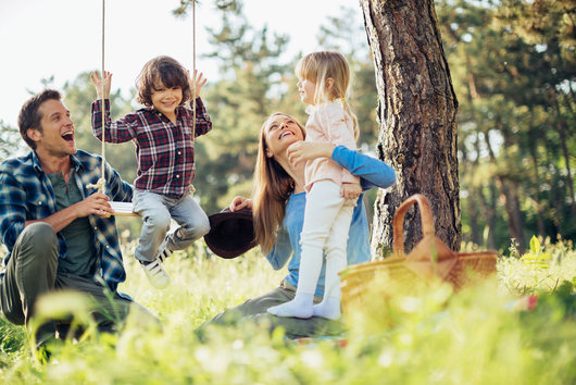 Familie mit 2 Kindern spielt auf der Wiese mit einer Schaukel am Baum